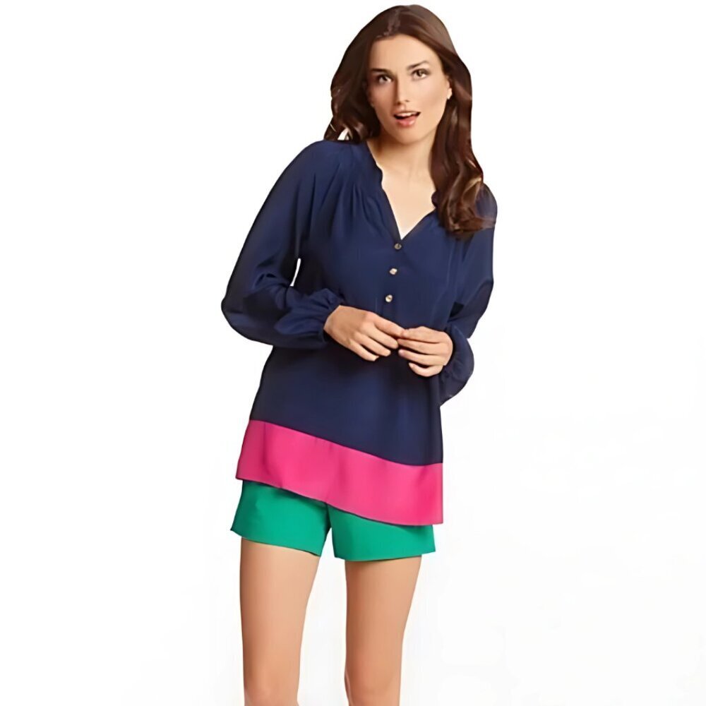 Lilly Pulitzer Elsa Silk Colorblock Top Blouse Navy Blue Pink Size Large